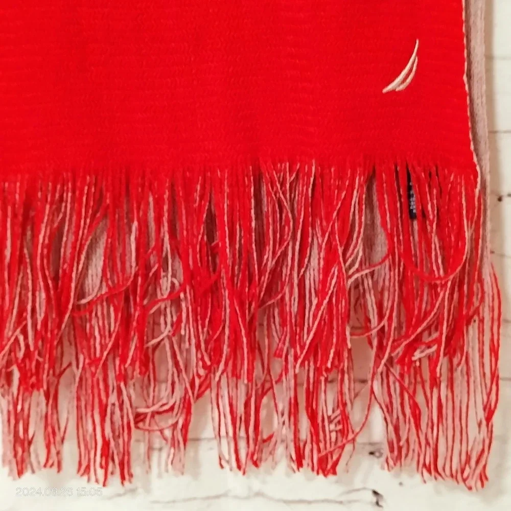 Nautica Performance Unisex OS Scarf Rectangle Red Beige Tassel Reversible